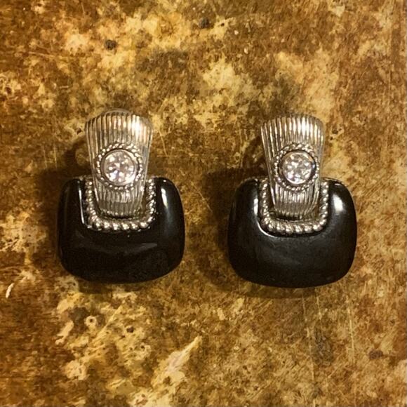 Judith Ripka Earrings Sterling Silver, CZ & Black Onyx Door Knockers Omega Backs - Picture 2 of 11